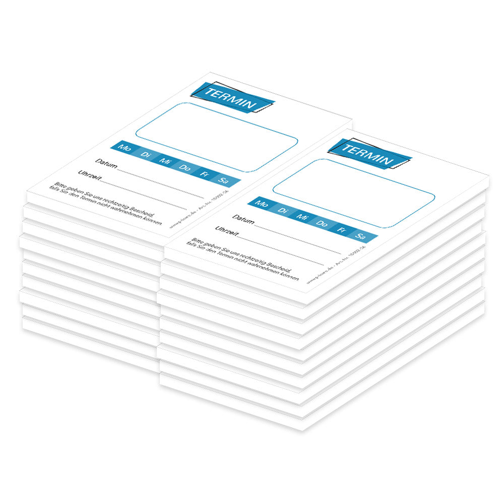 terminblöcke "basic, weiß-blaue optik, felder mo-sa zum ankreuzen, spalten für datum und uhrzeit, freifeld für einen stempel, 20er set