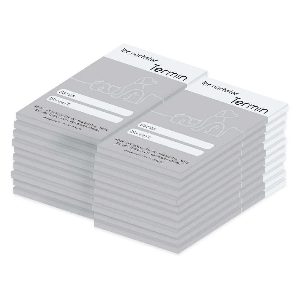 terminblöcke one line, tierarzt, mit hund und katze, grau-weiße, moderne optik, spalten für datum und uhrzeit, freifeld für einen stempel, 20er set