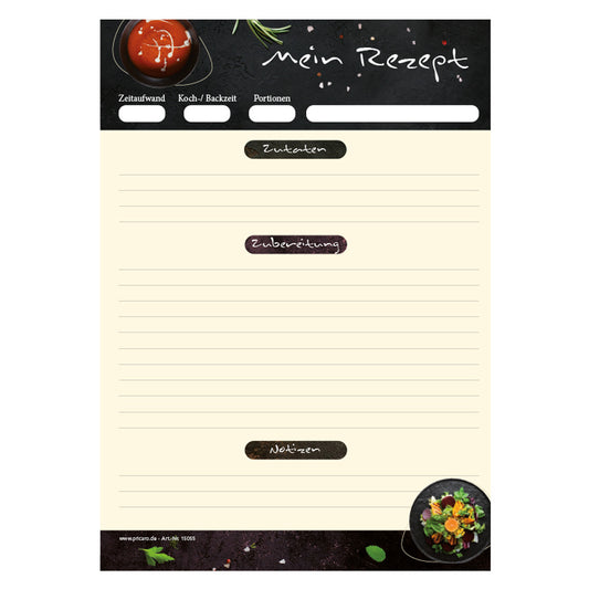 rezeptblock gourmet, a4, gelb-schwarze optik mit platz für zutaten, zubereitung und notizen, frontansicht