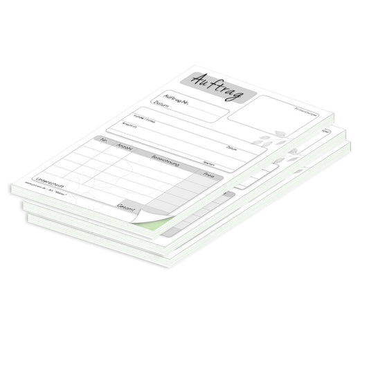 auftragsblock blätter, a6, ungelocht schwarz-weiße optik mit grünem durchschlag, blätteroptik, platz für alle wichtigen details (kundendaten, bestelldetails), 3er set
