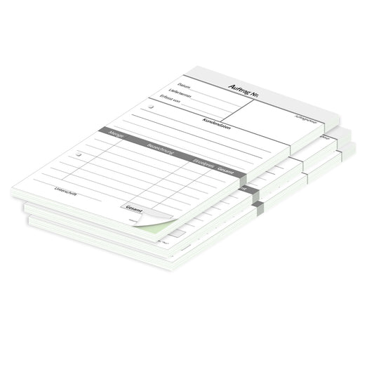 auftragsblock plain, a5, gelocht schwarz-weiße optik mit grünem durchschlag, klassische optik, platz für alle wichtigen details (kundendaten, bestelldetails), 3er set