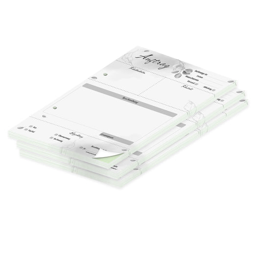 auftragsblock eukalyptus, a5, gelocht schwarz-weiße optik mit grünem durchschlag, blätteroptik, platz für alle wichtigen details (kundendaten, bestelldetails), 3er set