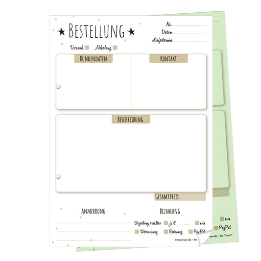 auftragsblock stern, a5, gelocht schwarz-weiß-beige optik mit grünem durchschlag, mit kleinen sternen, platz für alle wichtigen details (kundendaten, bestelldetails), frontansicht
