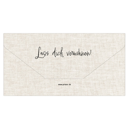 geschenkgutschein, teller, faltbar zum umschlag, beige bunte optik, rückseite beige mit aufdruck "lass dich verwöhnen"