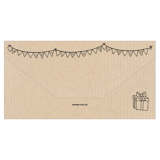 geschenkgutschein, doodles, rückseite mit schwarz aufgedruckten girladen und einem geschenk