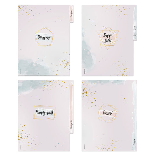 rezeptregister golden dots, rose-goldene optik, insgesamt 4 stück, 1x vorspreise, 1x suppen/salate, 1x hauptgericht, 1x dessert