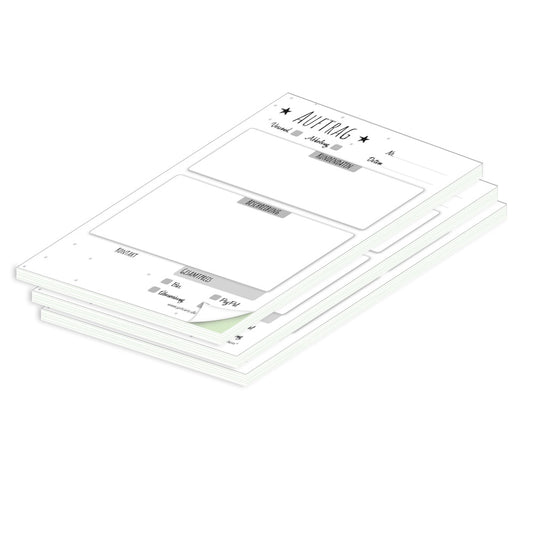 auftragsblock stern, a6, ungelocht schwarz-weiße optik mit grünem durchschlag, mit kleinen sternen, platz für alle wichtigen details (kundendaten, bestelldetails), 3er set