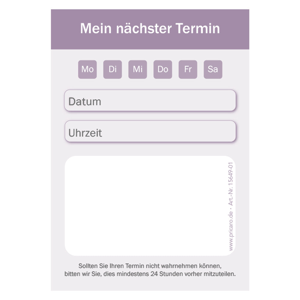 terminblock classic lila, felder von montag bis samstag zum ankreuzen, zeilen für datum und uhrzeit und ein freifeld für stempel oder notizen, front ansicht