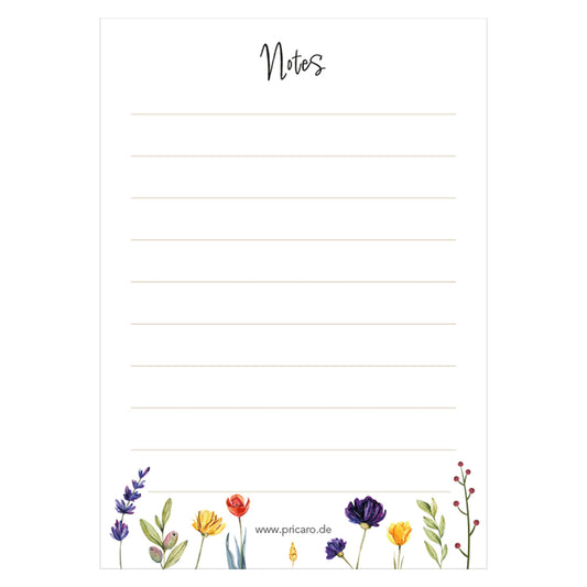 notizblock springflowers, a7, leimbindung am kopf, bunte frühlingsblumen am unteren rand, frontansicht