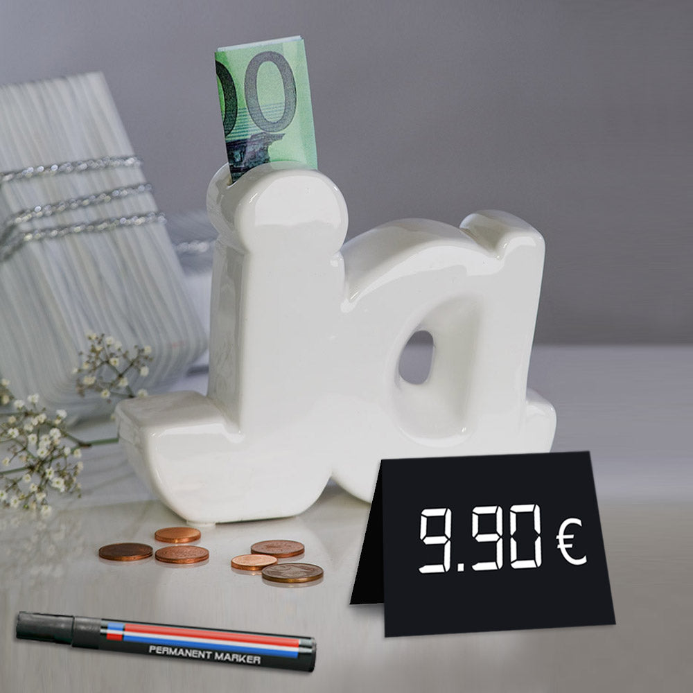 preisschild vor spardose
