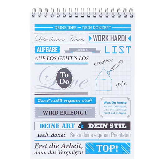 notizblock vintage mit spiralbindung, frontansicht deckblatt, verschiedene aufschriften, weiß-schwarz-blaue optik