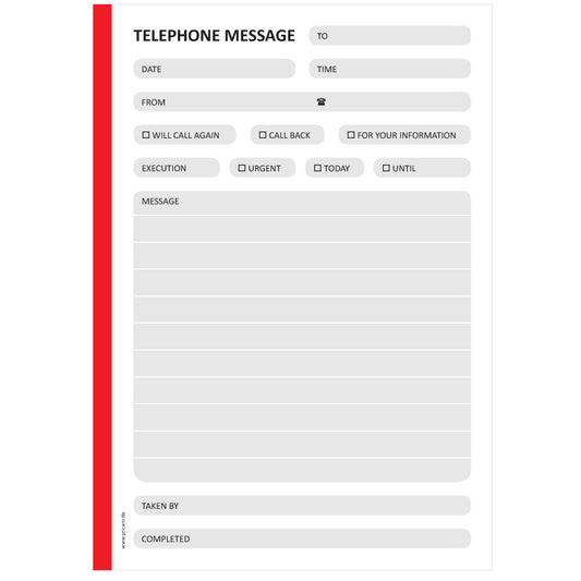 telefonnotizblock rot, ungelocht, rot-graue optik mit platz für datum, anruferinfos und anmerkungen, englische sprachversion, front ansicht