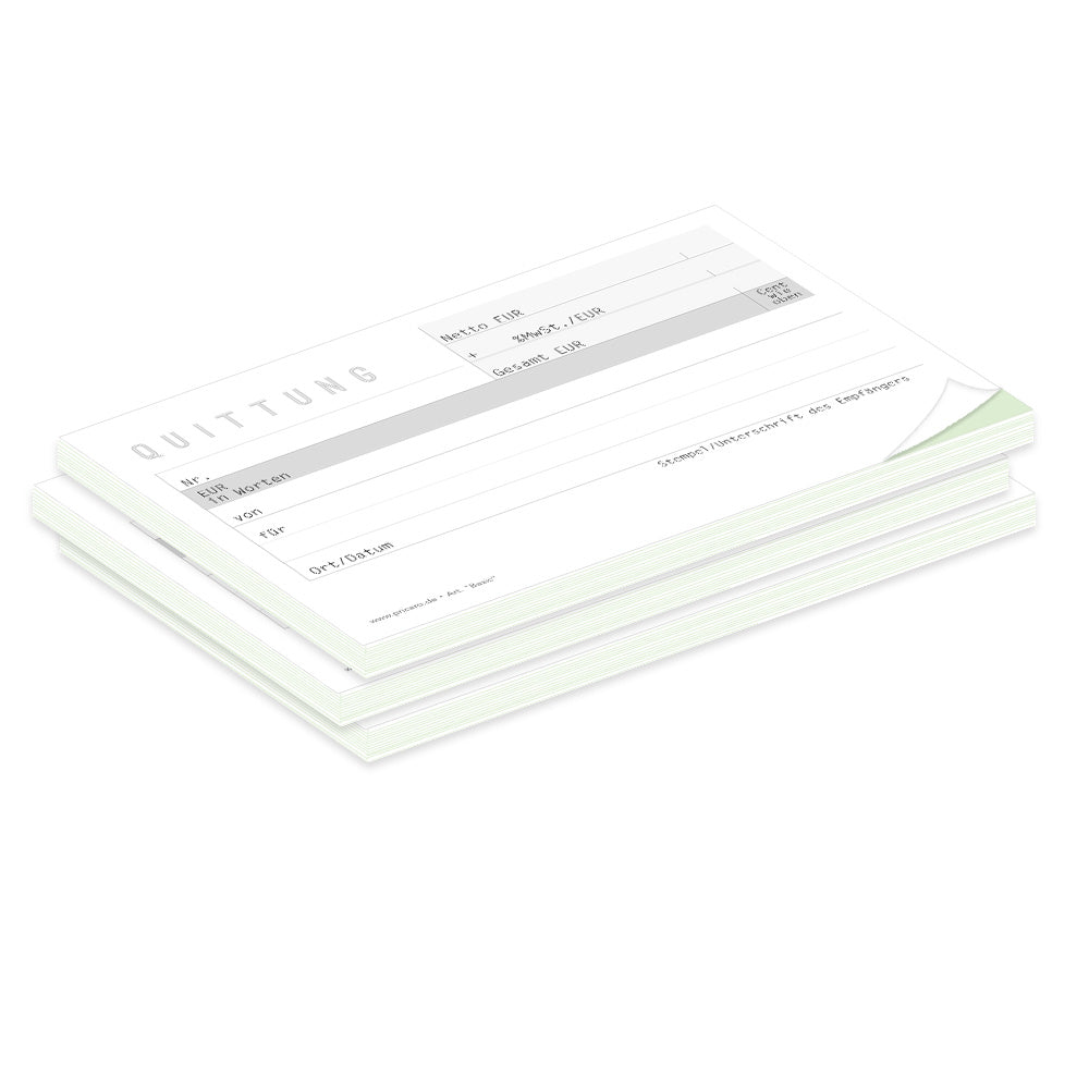 quittungsblock basic mit durchschlag mit grünem durchschlagpapier, a6, klassische optik, schwarz-weiß-graue,  3er set