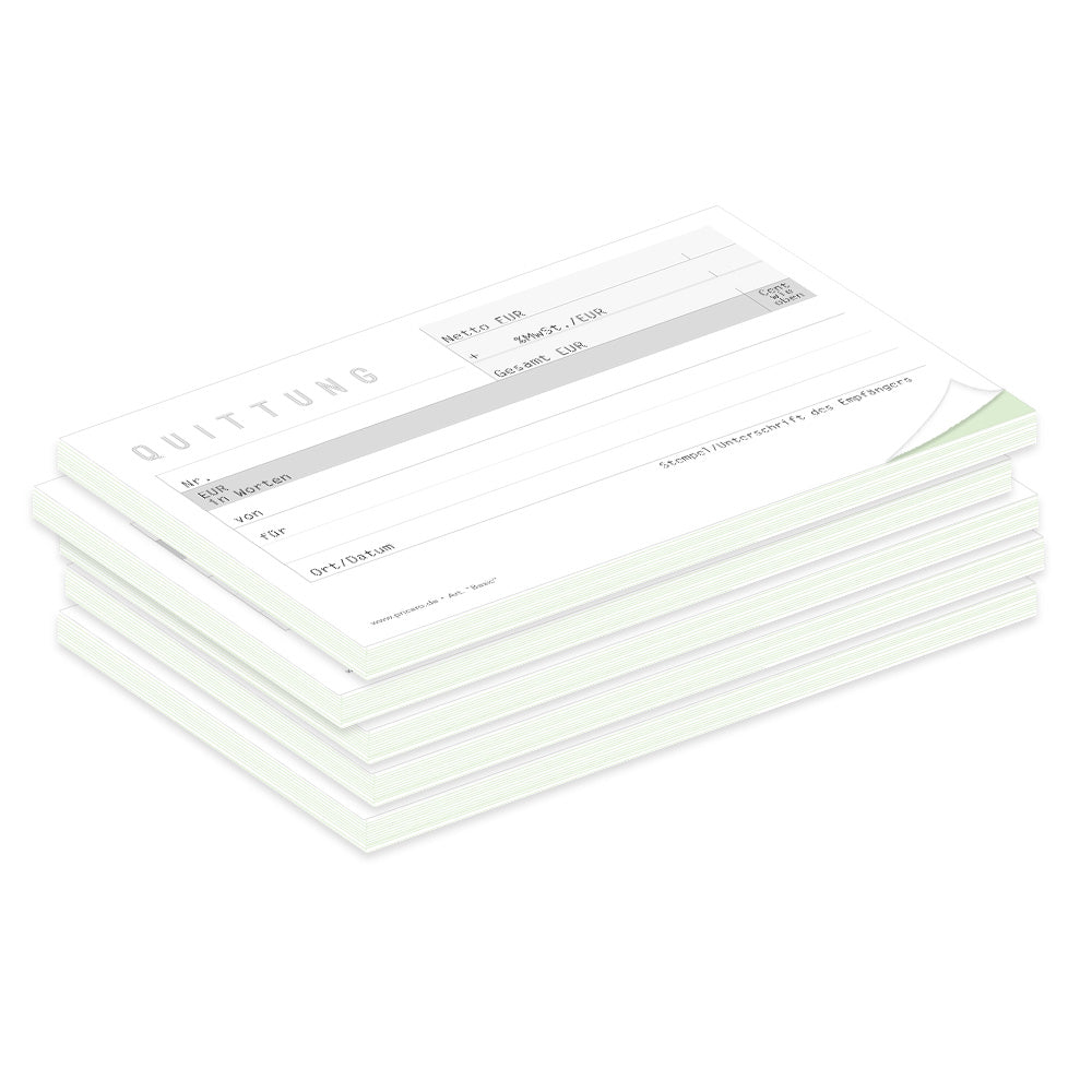 quittungsblock basic mit durchschlag mit grünem durchschlagpapier, a6, klassische optik, schwarz-weiß-graue,  5er set