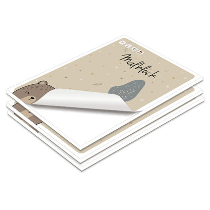 malblock mit deckblatt grizzly mit niedlichem bär motiv, 3er set