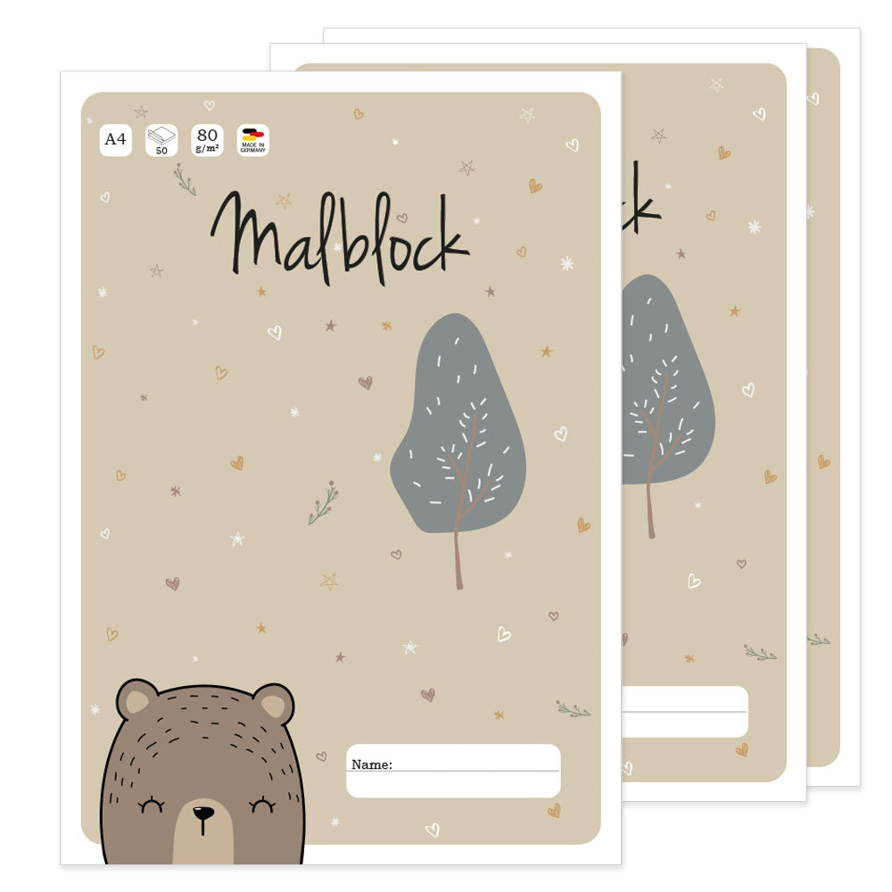 malblock panda, deckblatt in beiger optik mit niedlichem grizzlybär, 3er set