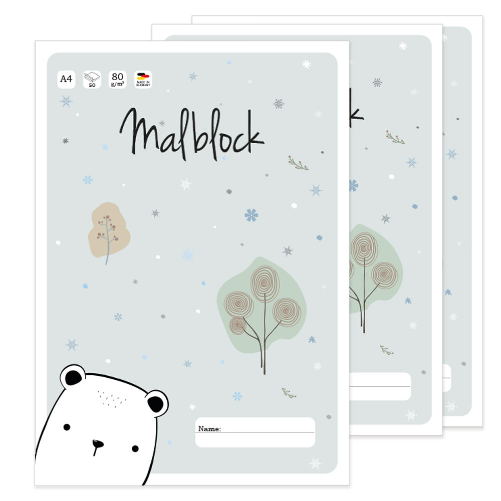 malblock eisbär, deckblatt in hellblauer optik mit niedlichem eisbär, 3er set