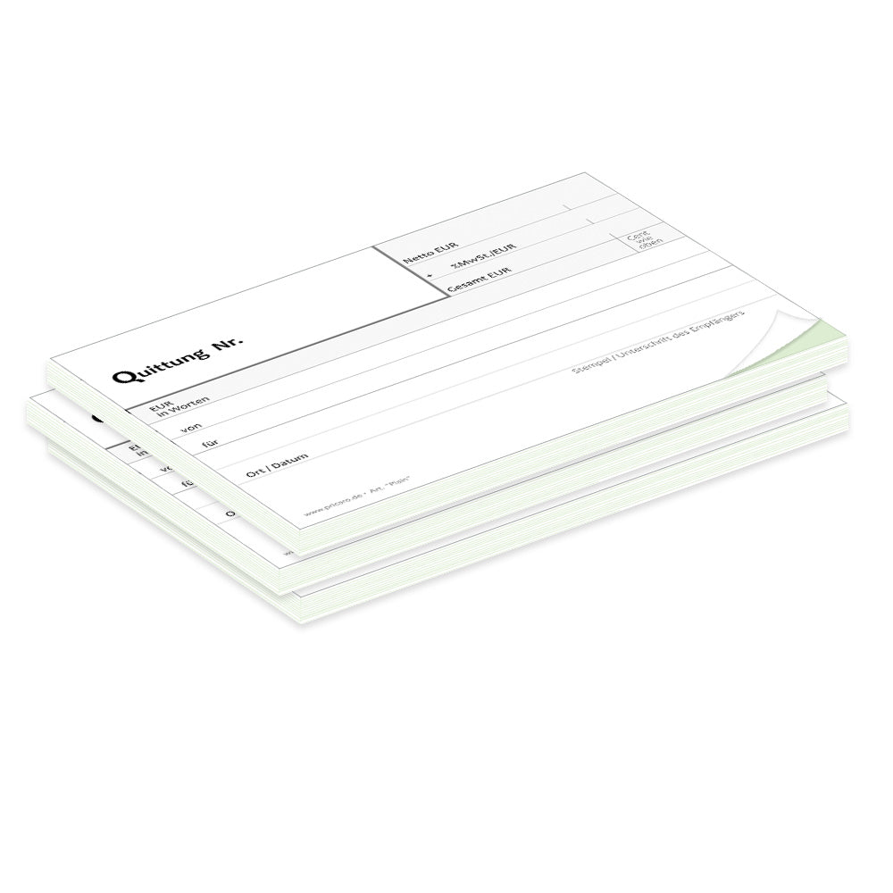 quittungsblock plain mit durchschlag mit grünem durchschlagpapier, a6, klassische optik, schwarz-weiß,  3er set