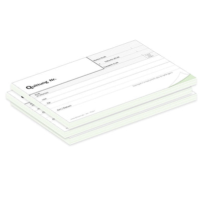 quittungsblock plain mit durchschlag mit grünem durchschlagpapier, a6, klassische optik, schwarz-weiß,  3er set