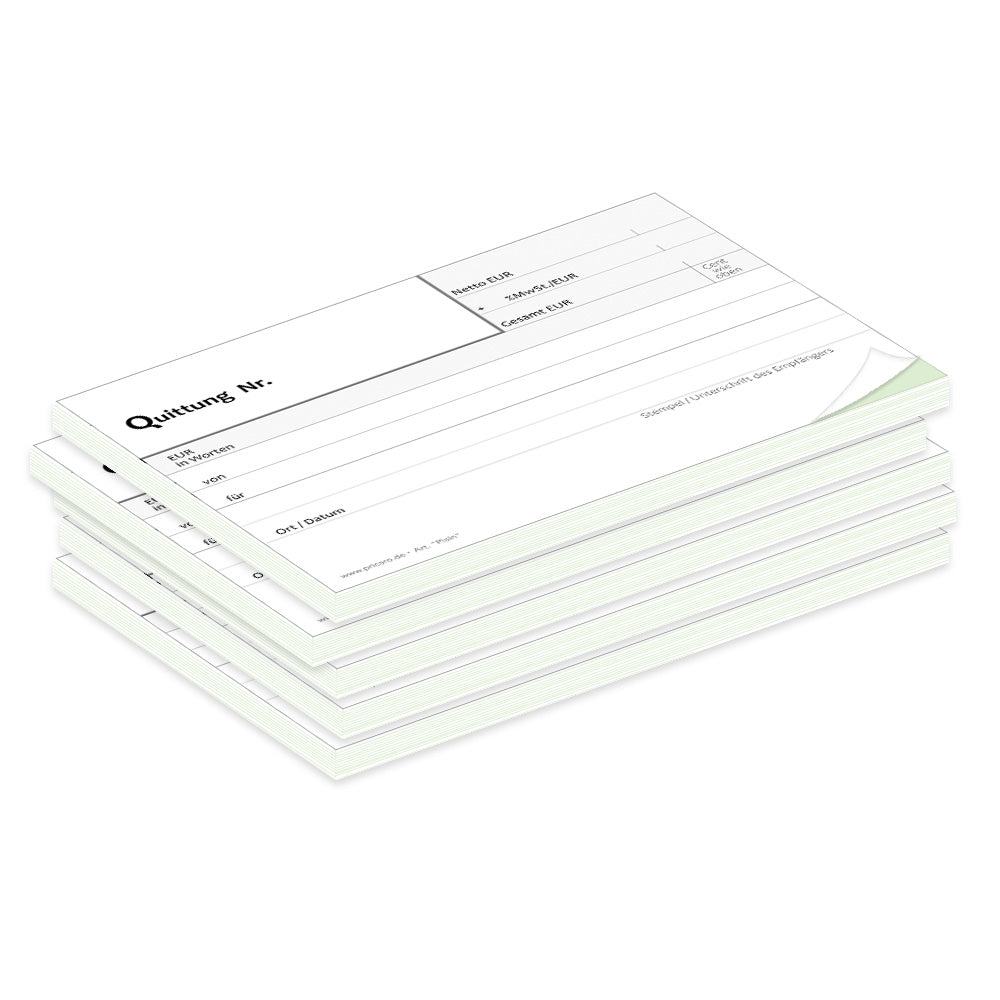 quittungsblock plain mit durchschlag mit grünem durchschlagpapier, a6, klassische optik, schwarz-weiß,  5er set