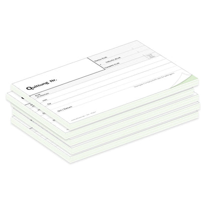 quittungsblock plain mit durchschlag mit grünem durchschlagpapier, a6, klassische optik, schwarz-weiß,  5er set