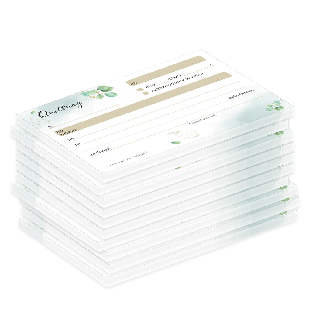 quittungsblock eukalyptus ohne durchschlag, a6, weiße beige grüne optik mit blättermotiven, 5er set