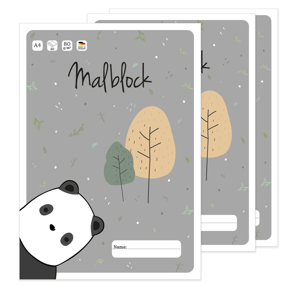 malblock panda, deckblatt in grauer optik mit niedlichem pandabär, 3er set