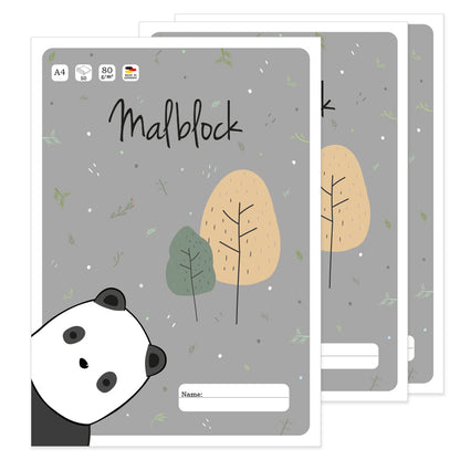 malblock panda, deckblatt in grauer optik mit niedlichem pandabär, 3er set