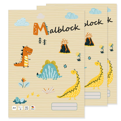malblock dino, deckblatt in beiger optik mit verschiedenen dinos, 3er set