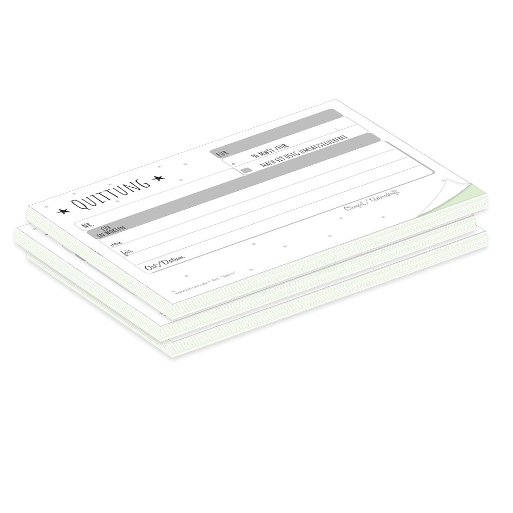 quittungsblock stern mit durchschlag mit grünem durchschlagpapier, a6, mit sternen aufdruck, moderne optik, schwarz-weiß,  3er set