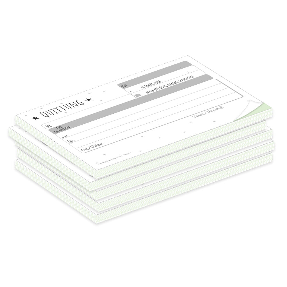 quittungsblock stern mit durchschlag mit grünem durchschlagpapier, a6, mit sternen aufdruck, moderne optik, schwarz-weiß,  5er set