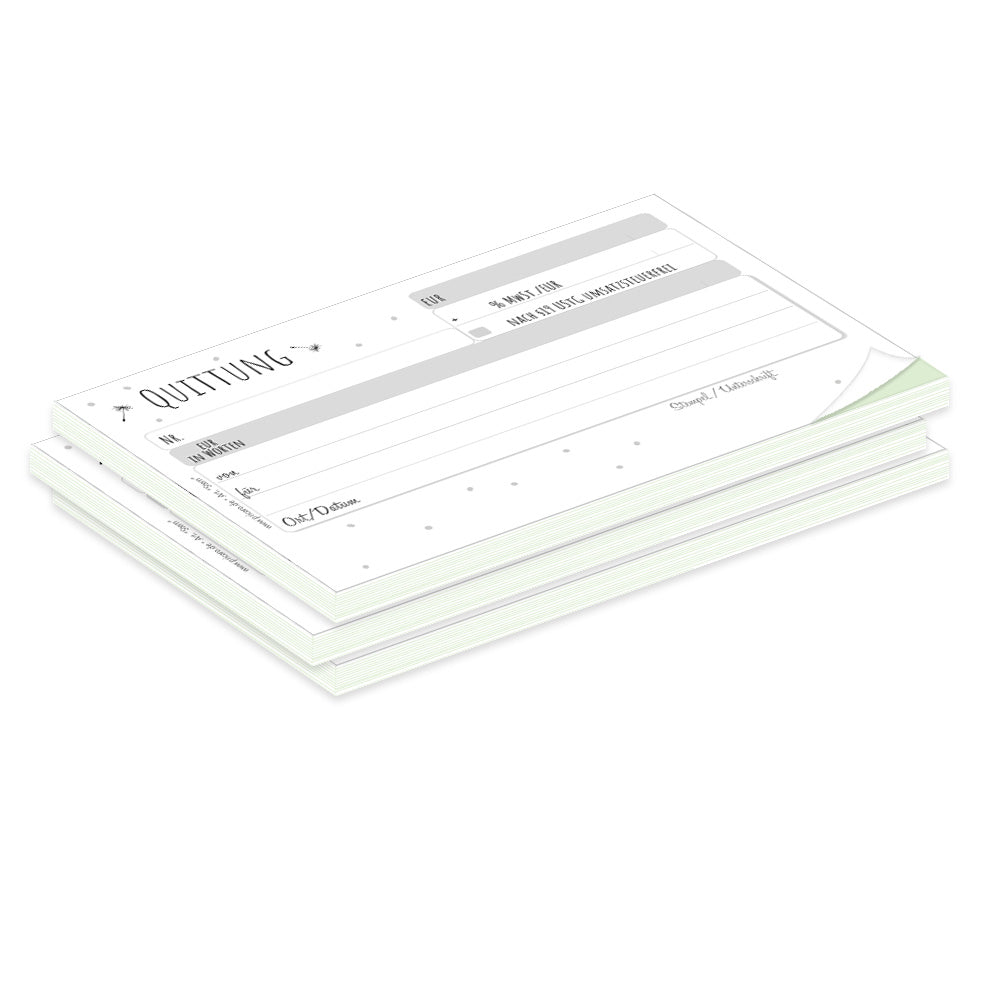 quittungsblock pusteblume mit durchschlag mit grünem durchschlagpapier, a6, mit kleinen pusteblumen aufdruck, moderne optik, schwarz-weiß,  3er set