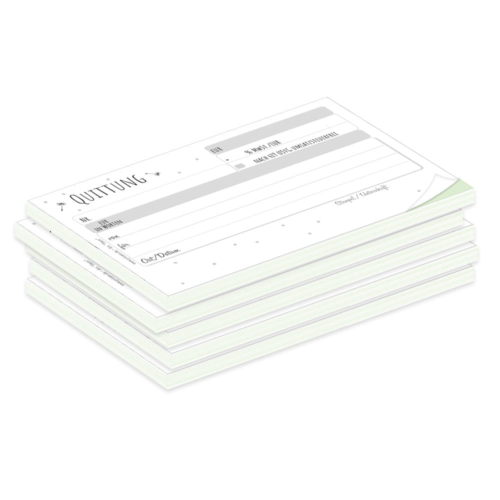 quittungsblock pusteblume mit durchschlag mit grünem durchschlagpapier, a6, mit kleinen pusteblumen aufdruck, moderne optik, schwarz-weiß,  5er set