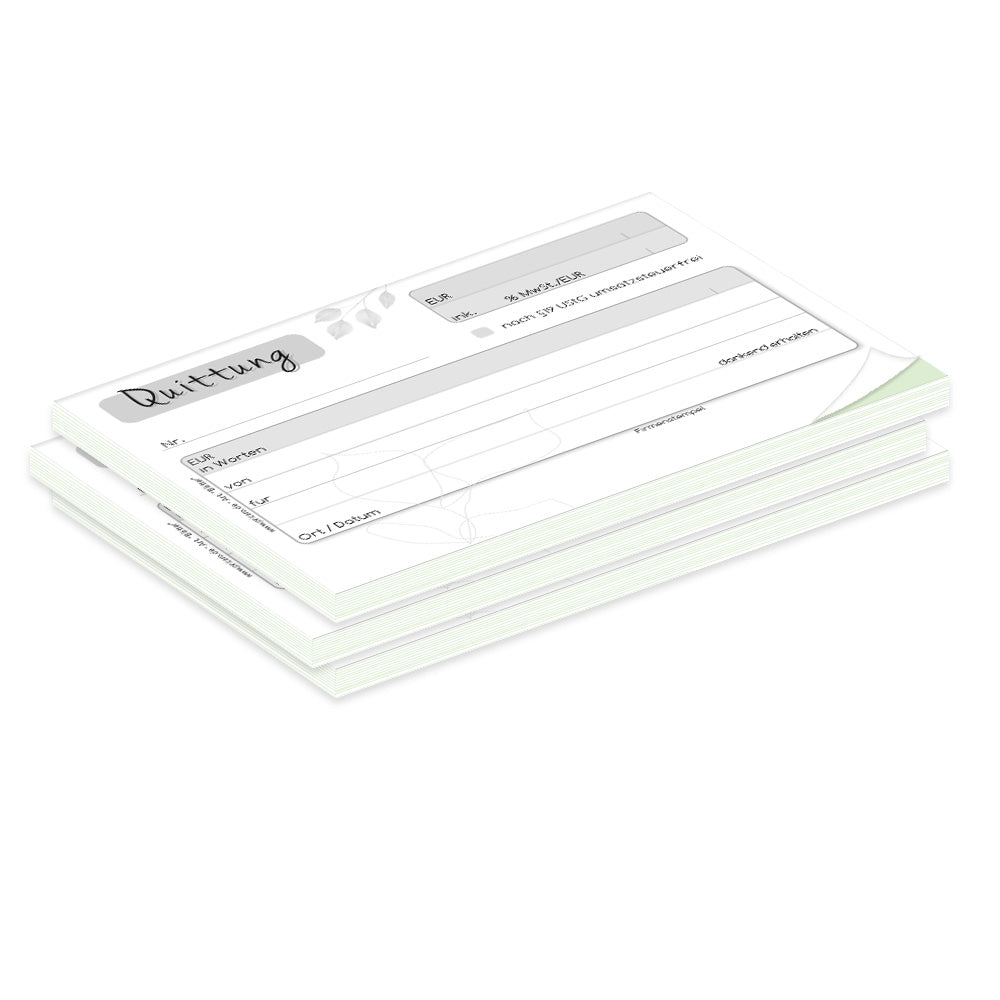 quittungsblock blätter mit durchschlag mit grünem durchschlagpapier, a6, mit blätter motiven, moderne optik, schwarz-weiß,  3er set