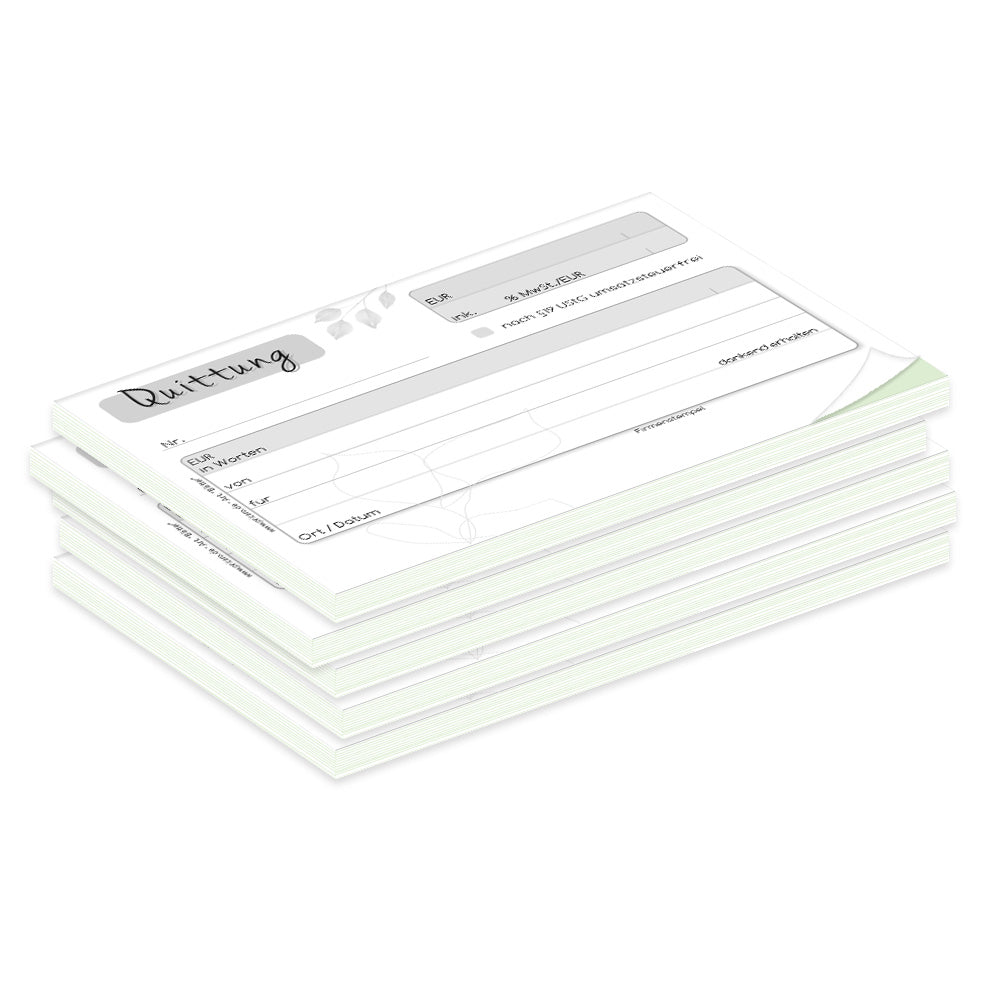 quittungsblock blätter mit durchschlag mit grünem durchschlagpapier, a6, mit blätter motiven, moderne optik, schwarz-weiß,  5er set