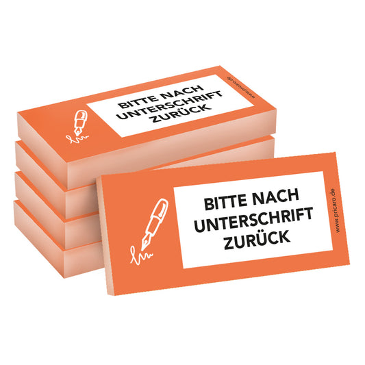 haftnotiz schmal, 5er set, aufdruck "bitte nach unterschrift zurück", orange weiße optik