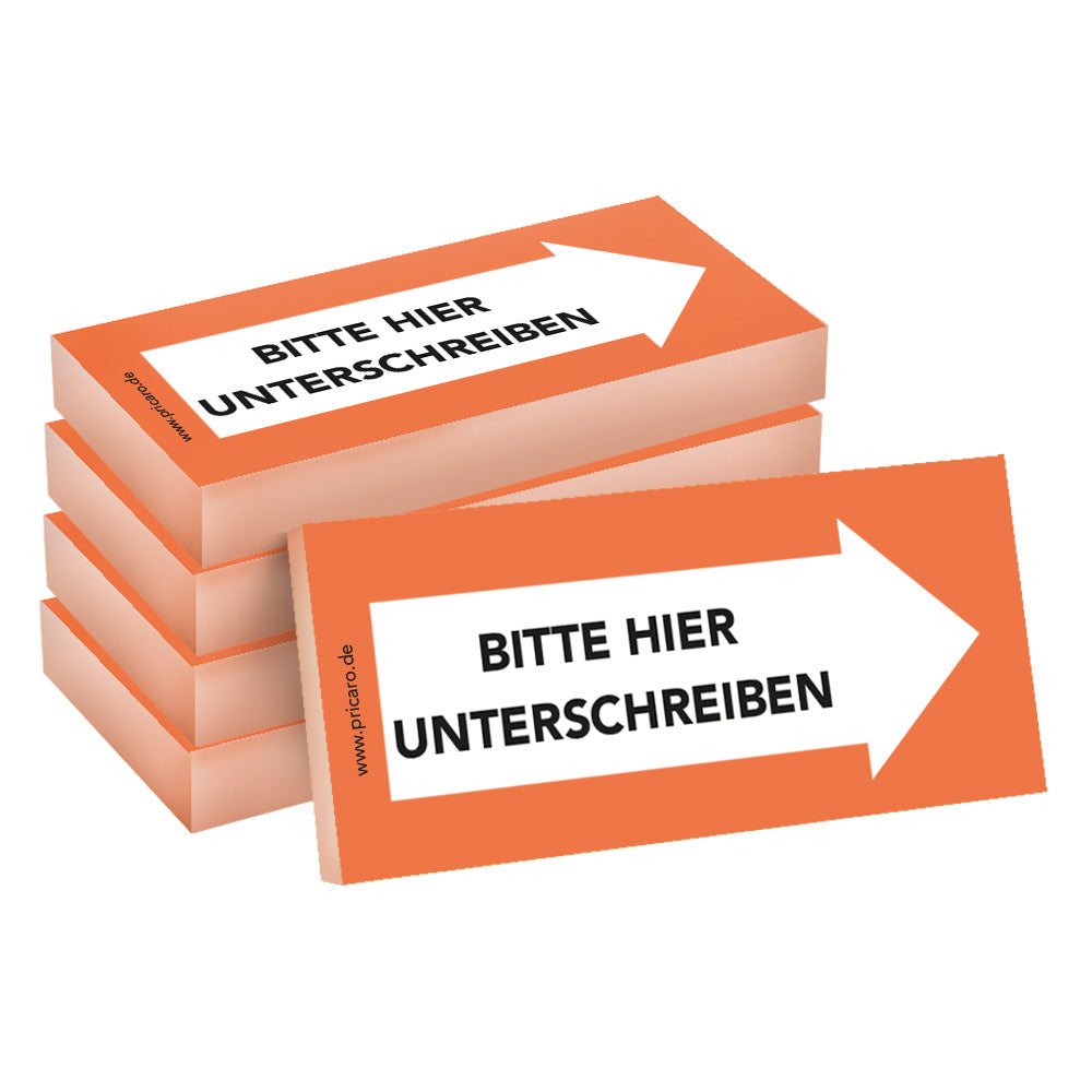 haftnotiz schmal, orange, bitte hier unterschreiben pfeil rechts, 5er set