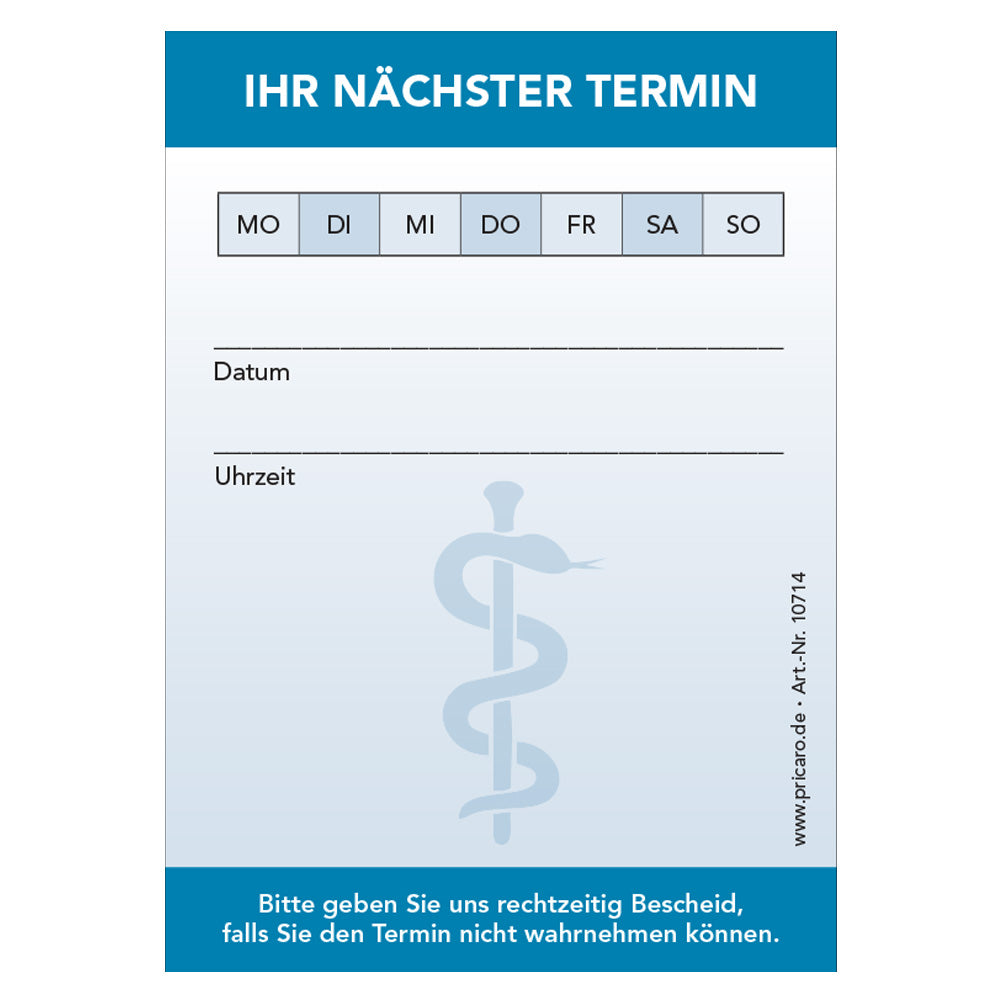 terminblöcke für arztpraxen, blaue optik, Äskulapstab, felder mo-so zum ankreuzen, spalten für datum und uhrzeit, freifeld für einen stempel, frontansicht