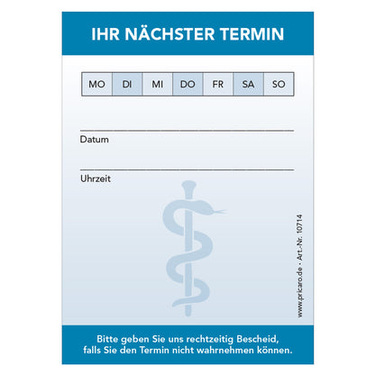 terminblöcke für arztpraxen, blaue optik, Äskulapstab, felder mo-so zum ankreuzen, spalten für datum und uhrzeit, freifeld für einen stempel, frontansicht
