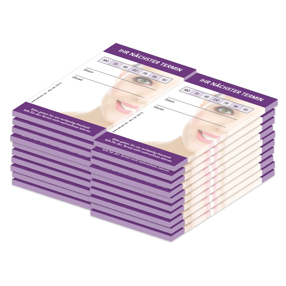 terminblöcke für kosmetikstudios, lila optik, frauengesicht aufgedruckt, felder mo-so zum ankreuzen, spalten für datum und uhrzeit, freifeld für einen stempel, 20er set