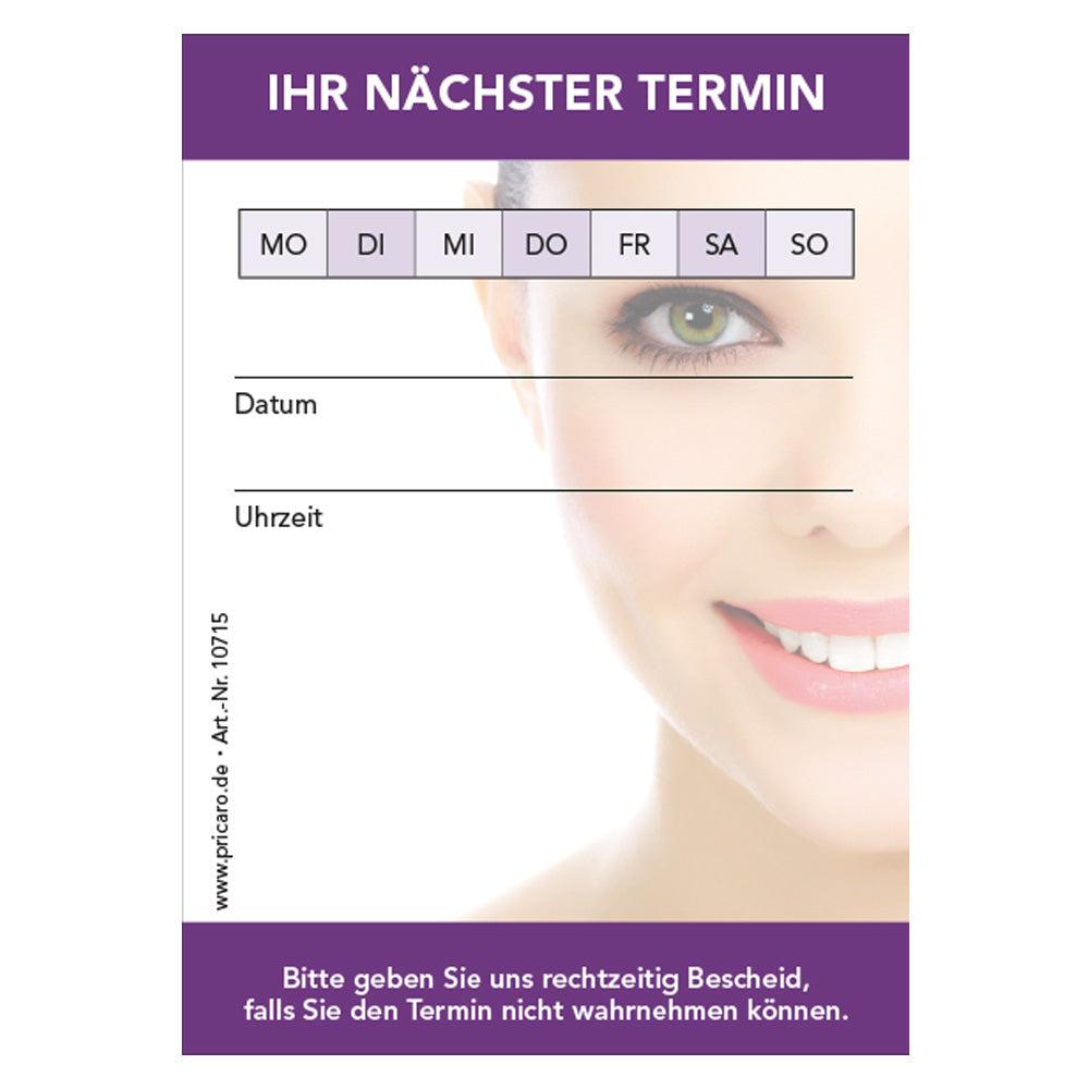 terminblöcke für kosmetikstudios, lila optik, frauengesicht aufgedruckt, felder mo-so zum ankreuzen, spalten für datum und uhrzeit, freifeld für einen stempel, frontansicht