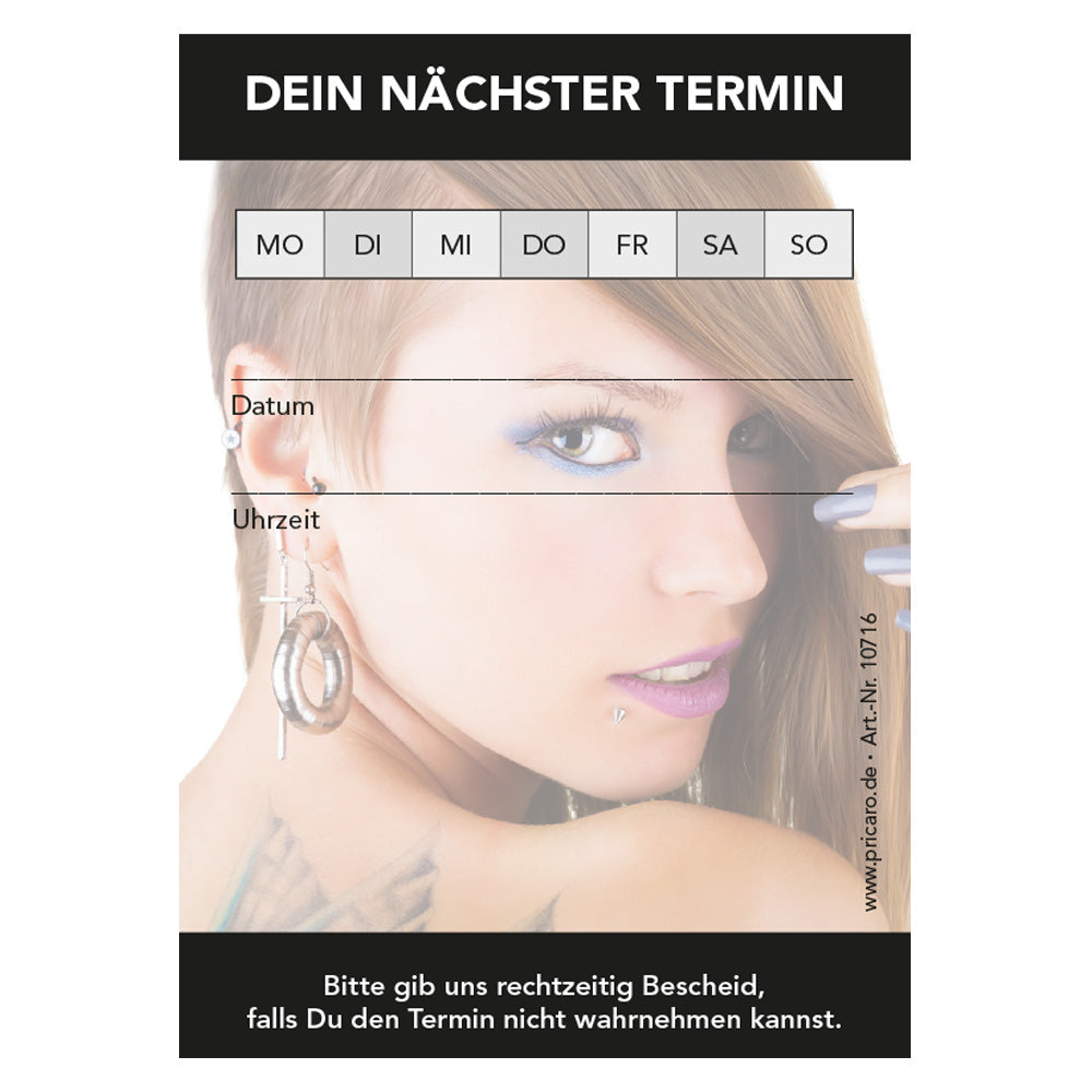 terminblöcke für piercing- und tattoostudios, schwarze optik, frauengesicht aufgedruckt, felder mo-so zum ankreuzen, spalten für datum und uhrzeit, freifeld für einen stempel, frontansicht