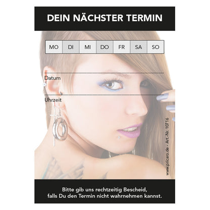terminblöcke für piercing- und tattoostudios, schwarze optik, frauengesicht aufgedruckt, felder mo-so zum ankreuzen, spalten für datum und uhrzeit, freifeld für einen stempel, frontansicht