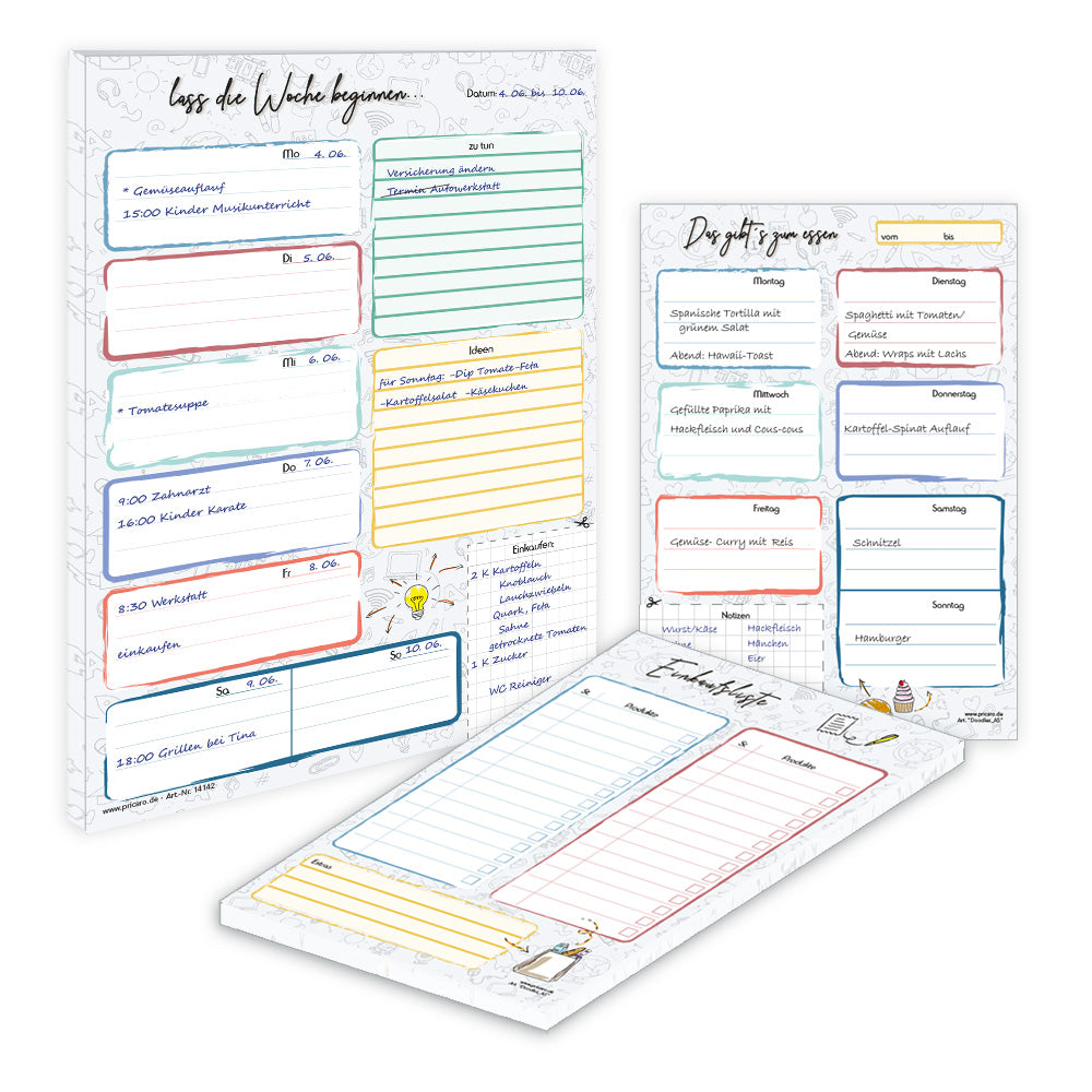 planer komplettset trio doodle bestehend aus 1x wochenplaner, 1x einkaufsliste und 1x Essensplaner, ausfüllbeispiele