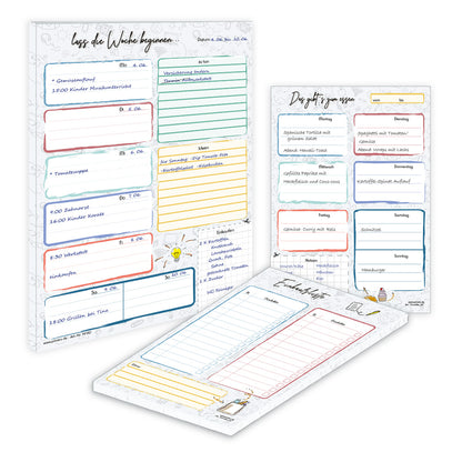 planer komplettset trio doodle bestehend aus 1x wochenplaner, 1x einkaufsliste und 1x Essensplaner, ausfüllbeispiele