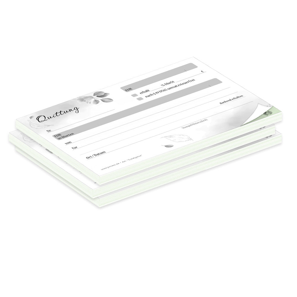 quittungsblock eukalyptus mit durchschlag mit grünem durchschlagpapier, a6, mit blätter motiven, moderne optik, schwarz-weiß,  3er set
