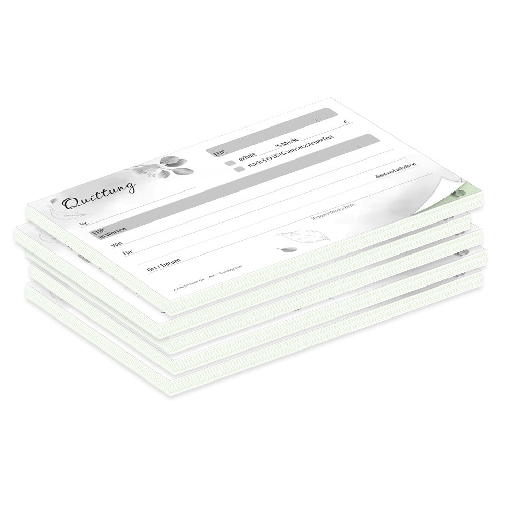 quittungsblock eukalyptus mit durchschlag mit grünem durchschlagpapier, a6, mit blätter motiven, moderne optik, schwarz-weiß,  5er set