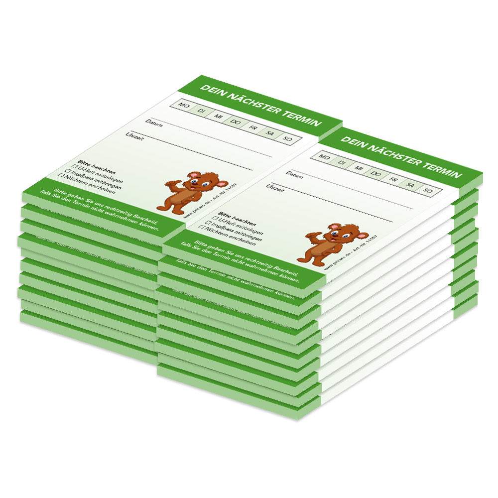 terminblöcke für kinderärzte, grüne optik, felder mo-so zum ankreuzen, spalten für datum und uhrzeit, freifeld für einen stempel, hinweis auf u-heft, etc. 20er set