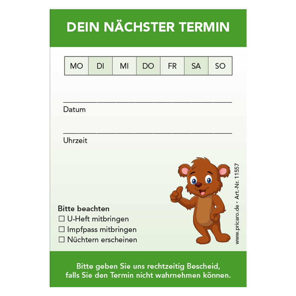 terminblöcke für kinderärzte, grüne optik, felder mo-so zum ankreuzen, spalten für datum und uhrzeit, freifeld für einen stempel, hinweis auf u-heft, etc. frontansicht