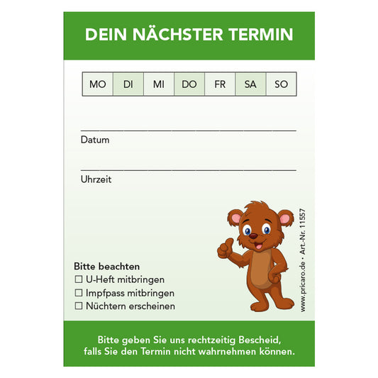 terminblöcke für kinderärzte, grüne optik, felder mo-so zum ankreuzen, spalten für datum und uhrzeit, freifeld für einen stempel, hinweis auf u-heft, etc. frontansicht
